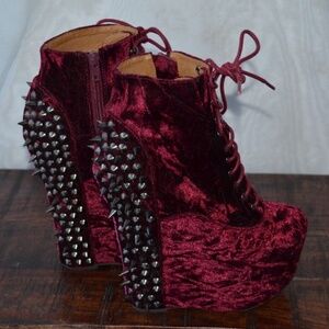 Jeffrey Campbell Spike Damsel Wine Velvet Booties Wedge 7.5